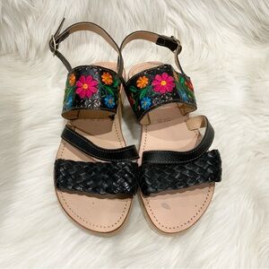 Women’s Mexican Floral Embroidered Black Leather Sandals